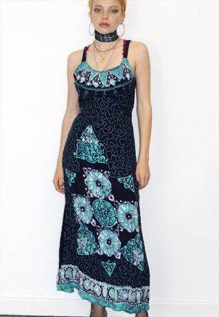 VINTAGE 1990S BLUE BLACK BOHO BEADED MAXI FESTIVAL DRESS