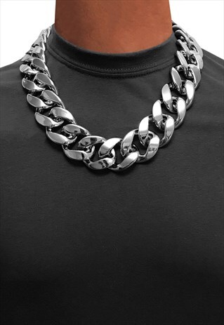 30MM 24" CHOKER CHUNKY CURB WIDE NECKLACE CHAIN - SILVER