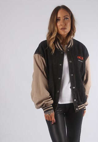 VINTAGE VARSITY DENIM BOMBER JACKET OVERSIZED UK 14 (72D)
