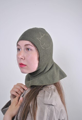 GREEN KID'S BALACLAVA MASK, 90S CAT EMBROIDERY WINTER HAT