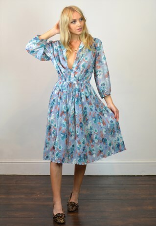 VINTAGE 90S PASTEL BLUE FLORAL SUMMER MIDI DRESS