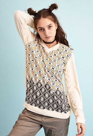 70'S RETRO NEUTRAL MOD PATTERN KNIT THIN JUMPER