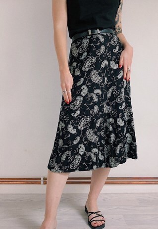90S BLACK AND WHITE ST MICHAEL FLORAL VINTAGE MIDI SKIRT