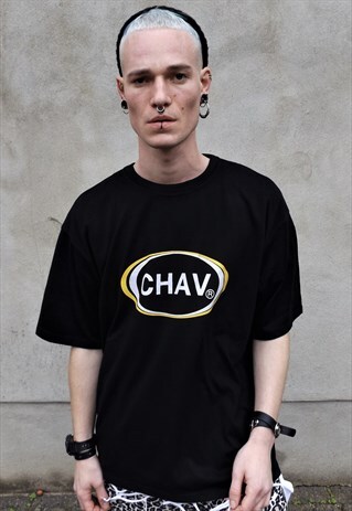 OVERSIZE CHAV SLOGAN VELVET FINISH COTTON UTILITY TEESHIRT