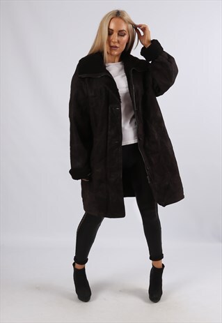 VINTAGE SHEEPSKIN LEATHER SHEARLING COAT MID UK 16 XL (9J4W)