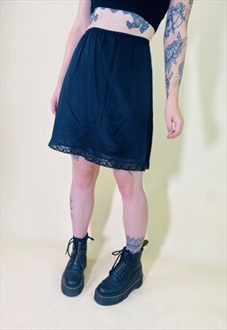 Vintage 90's Y2K Satin Black Lace Mini Slip Skirt