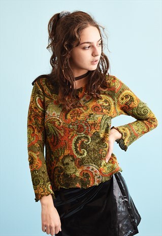 VINTAGE 70'S RETRO ORIENTAL PRINT JAZZY KNIT PARTY TOP