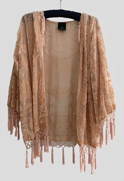 Vintage Style Ladies Burnt Velvet Peach Sheer Beaded Kimono