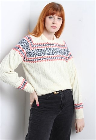 VINTAGE CABLE KNIT XMAS FESTIVE JUMPER CREAM 