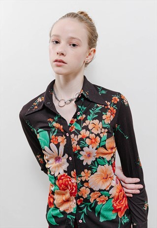 VINTAGE 70S BOHO ARROW COLLAR FLORAL SLIM BUTTON UP BLOUSE