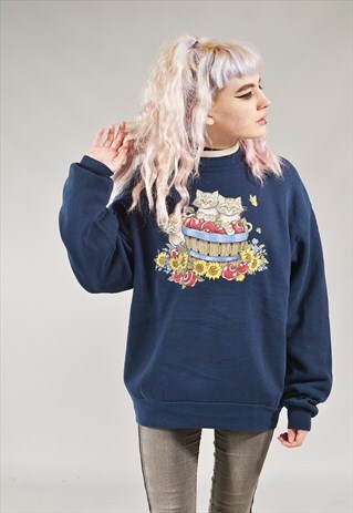 VINTAGE KITTEN BUCKET SWEATER NAVY BLUE