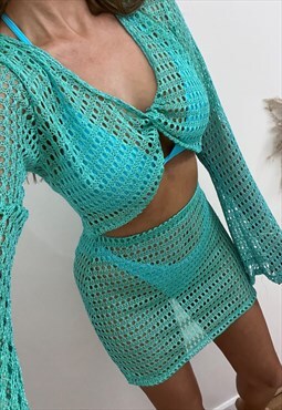 Twist Jumper & Mini Skirt Aqua Crochet Set By Boho Rose