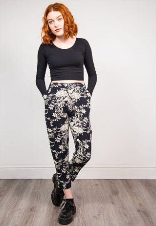 VINTAGE 90'S BLACK FLORAL PATTERN TAPERED TROUSERS