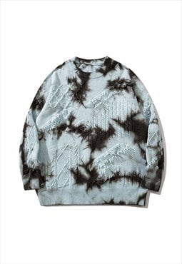 Tie-dye sweater cable knitted jumper gradient pullover blue