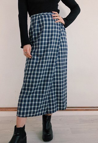 VINTAGE 80S 90S CHECKERED BLUE CHEESECLOTH TIE MIDI SKIRT