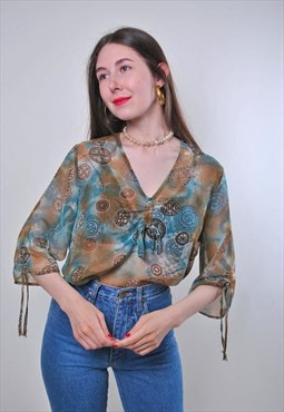 Vintage Pattern sheer blouse, summer loose blouse LARGE size