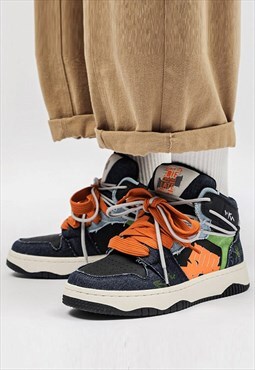 Denim high tops chunky sole trainers skater shoes in orange