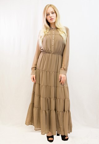 PLAIN BROWN MULTI LAYER FULL LENGTH LONG SLEEVES MAXI DRESS