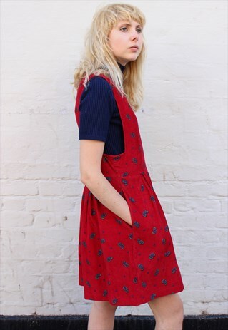 VINTAGE 90S RED PAISLEY CORDUROY PINAFORE MINI DRESS