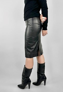 90's Vintage Costume National Black Leather Pencil Skirt