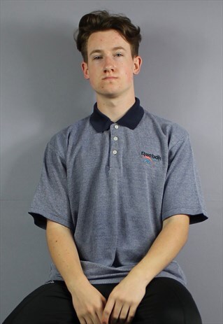 VINTAGE REEBOK POLO SHIRT IN NAVY AND BLUE STRIPES WITH EMBR