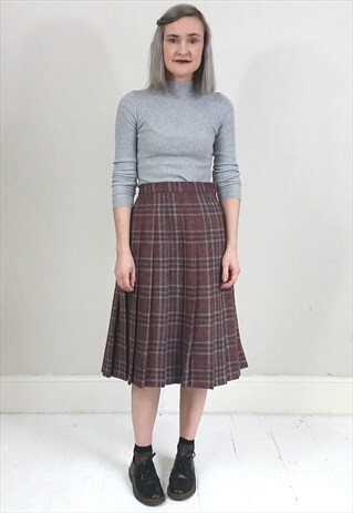 VINTAGE 80'S BURGUNDY WOOL TARTAN PLEATED SKIRT