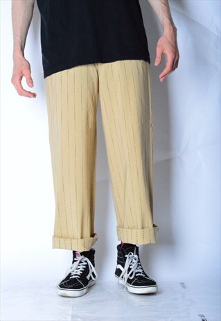 VINTAGE 90S UNISEX BEIGE STRIPED WOOL BLEND PANTS