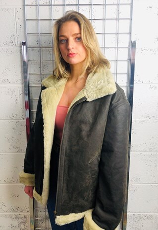 VINTAGE GENUINE LEATHER COAT FAUX FUR LINED DUSTER JACKET
