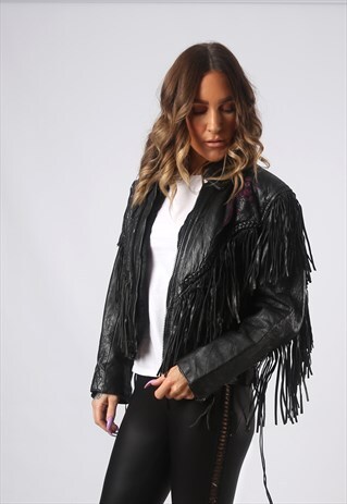 LEATHER TASSEL FRINGE BIKER JACKET VINTAGE UK 10 - 12 (CW2T)