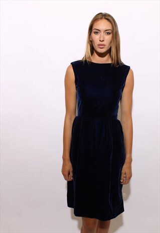 VINTAGE 1960'S 60'S MIDNIGHT BLUE VELVET SLEEVELESS MIDI S-M