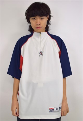 VINTAGE 90S REEBOK RED NAVY WHITE 3/4 ZIP SHIRT