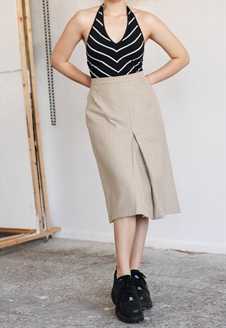 VINTAGE 80S HIGH WAIST MIDI CREAM CHECK WOMEN SKIRT IN S/M