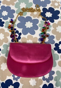 80's Saks Fifth Avenue Pink Satin Bag Beaded Jewell Chain 
