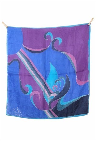VINTAGE SCARF 80S HANDPAINTED BRIGHT BLUE & PURPLE ABSTRACT