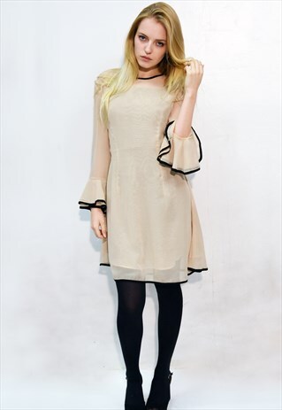FRILLED SLEEVES CHIFFON MIDI DRESS (DARK NUDE)