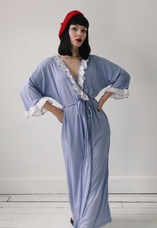 80S VINTAGE PURPLE FRILLY LONGLINE MAXI DRESSING GOWN