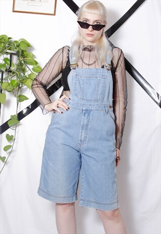 90S GRUNGE Y2K VINTAGE LIGHT BLUE DENIM MID SHORT DUNGAREES