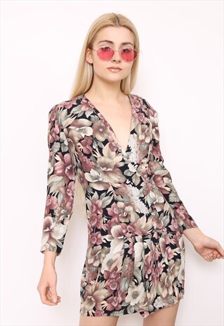 VINTAGE 90S FLORAL PRINT LONG SLEEVE MINI DRESS