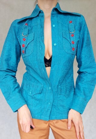 VINTAGE BLUE SHIRT, LONG SLEEVE SHIRT, SMALL SIZE