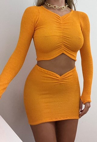 RUCHED LONG SLEEVE MICRO MINI PARTY CO-ORD IN ORANGE CRINKLE