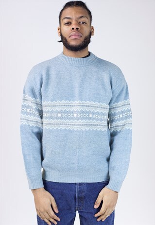 VINTAGE 90S PATTERNED LIGHT BLUE KNIT JUMPER