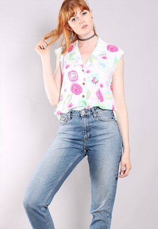 VINTAGE 80S FLORAL PATTERNED SLEEVELESS LOOSE FIT BLOUSE TOP