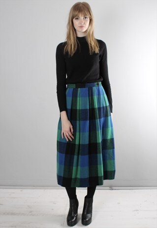 VINTAGE 80S BLUE GREEN CHECK PLEAT WOOL KILT MIDI SKIRT
