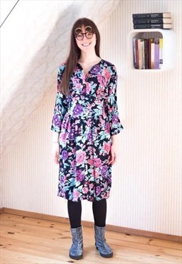 Black soft batwing dress with bright flowers