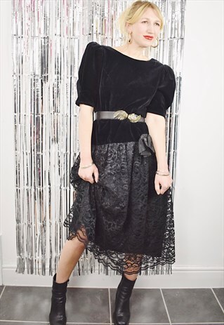 VINTAGE 80S PUFF SLEEVE PARTY DRESS VELVET LACE BLACK