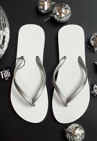 NAKED TWO TONE WHITE FLIP FLOPS WITH SILVER STRAPS