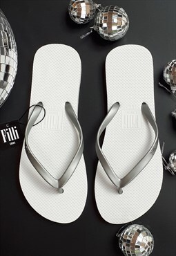 Naked Two Tone White Flip Flops With Silver Straps