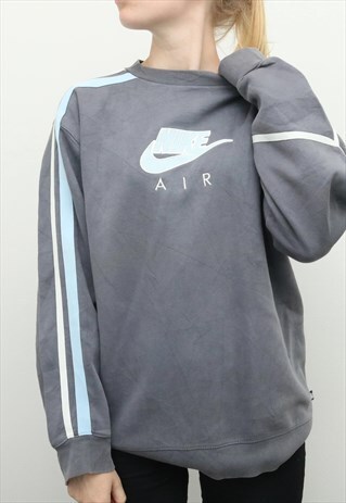 NIKE - GREY AND BLUE SWOOSH EMBROIDERED CREWNECK SWEATSHIRT