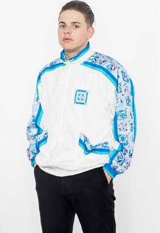 VINTAGE 80S WS WHITE AND BLUE PRINT BOMBER JACKET