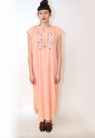VINTAGE LOUNGE DRESS EMBROIDERED 70S MEXICAN BOHO ETHNIC